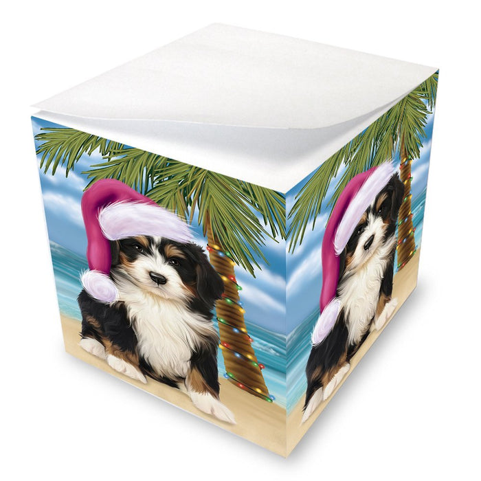 Summertime Happy Holidays Christmas Bernedoodle Dog on Tropical Island Beach Note Cube D500