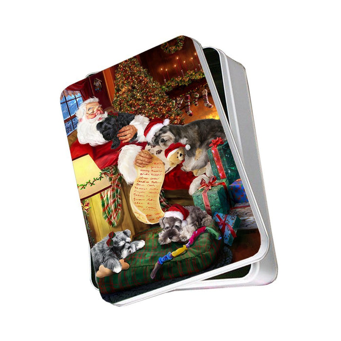 Schnauzer Dog with Puppies Sleeping with Santa Photo Tin