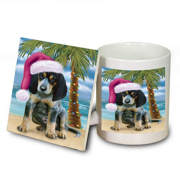 Summertime Happy Holidays Christmas Bluetick Coonhound Dog on Tropical Island Beach Mug and Coaster Set