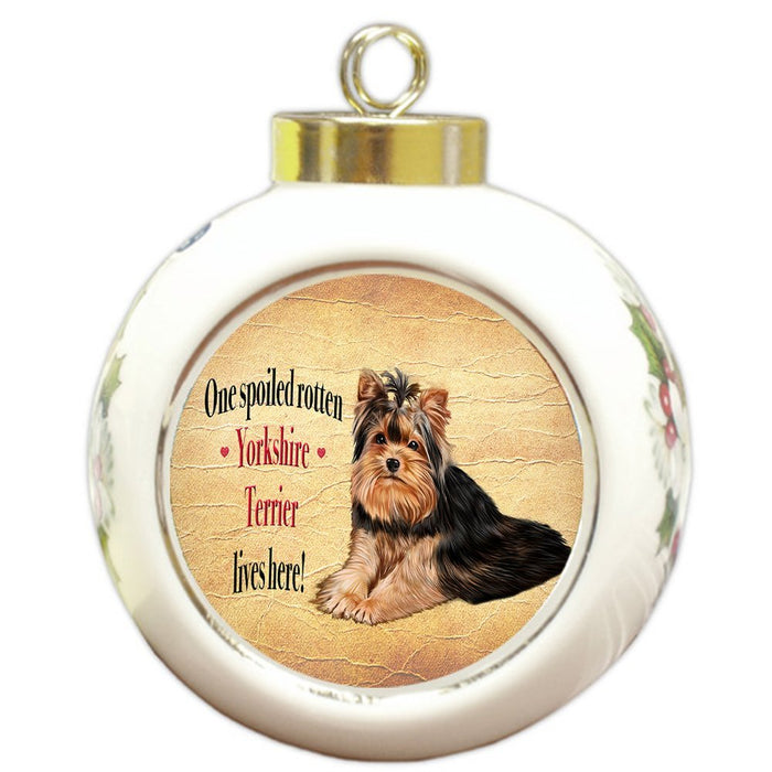 Yorkshire Terrier Spoiled Rotten Dog Round Ceramic Christmas Ornament