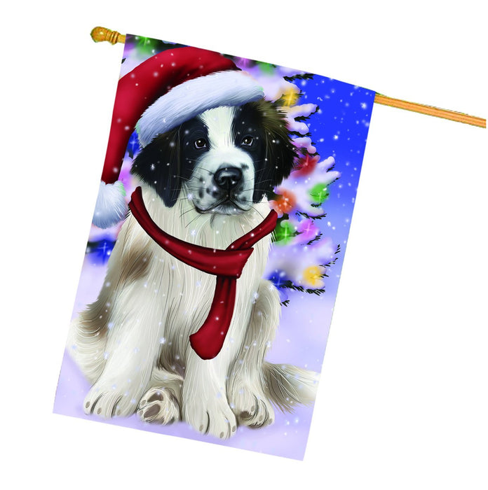Winterland Wonderland Saint Bernard Dog In Christmas Holiday Scenic Background House Flag
