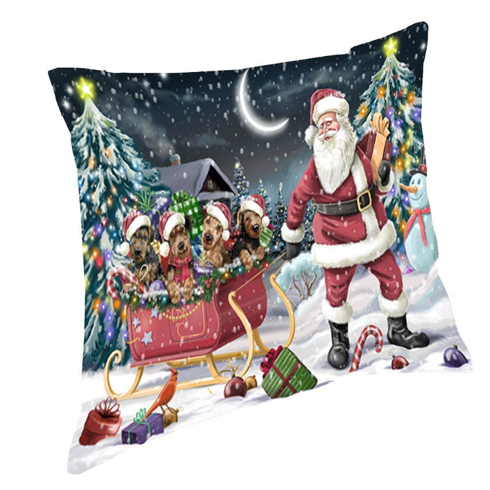 Santa Sled Dogs Christmas Happy Holidays Airedale Throw Pillow PIL1160