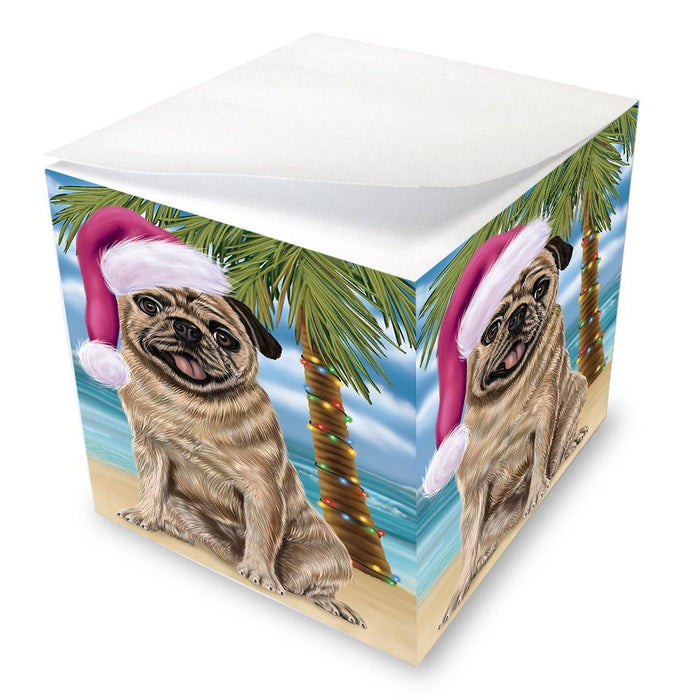 Summertime Happy Holidays Christmas Pugs Dog on Tropical Island Beach Note Cube D557