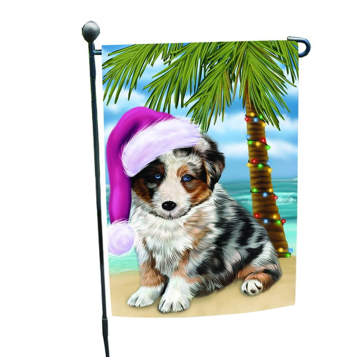 Summertime Happy Holidays Christmas Australian Shepherd Dog on Tropical Island Beach Garden Flag