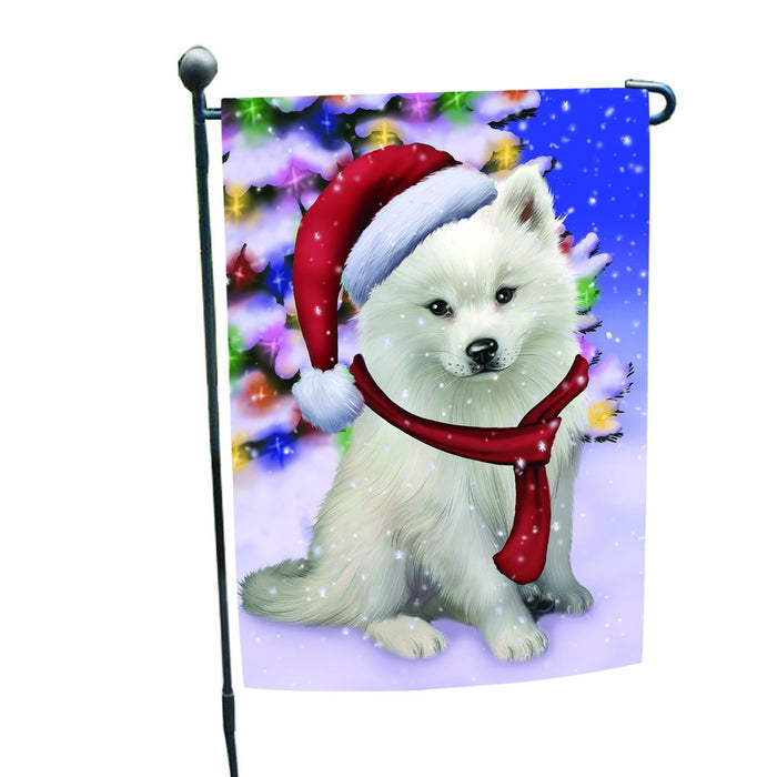 Winterland Wonderland American Eskimo Dog In Christmas Holiday Scenic Background Garden Flag