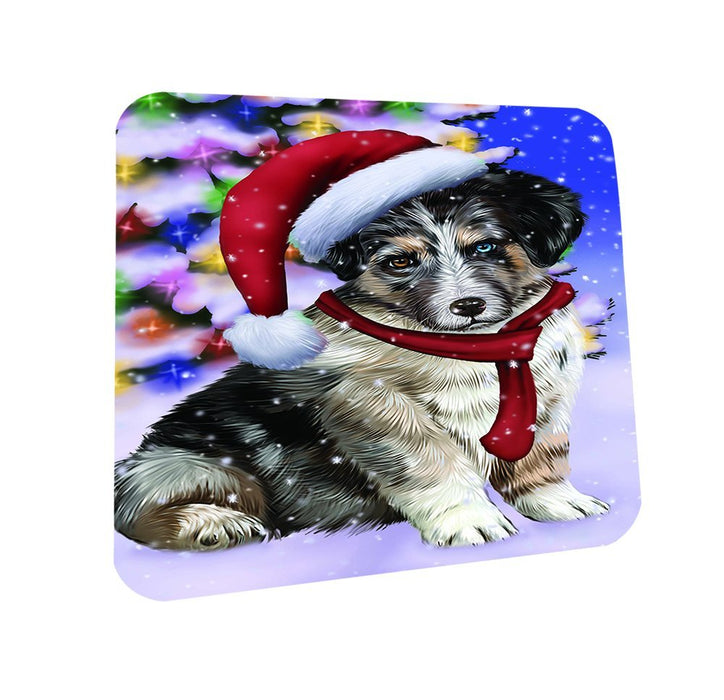 Winterland Wonderland Australian Shepherds Dog In Christmas Holiday Scenic Background Coasters Set of 4
