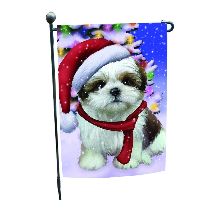 Winterland Wonderland Shih Tzu Dog In Christmas Holiday Scenic Background Garden Flag