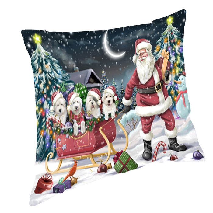 Santa Sled Dogs Christmas Happy Holidays Old English Sheepdog Throw Pillow PIL1252