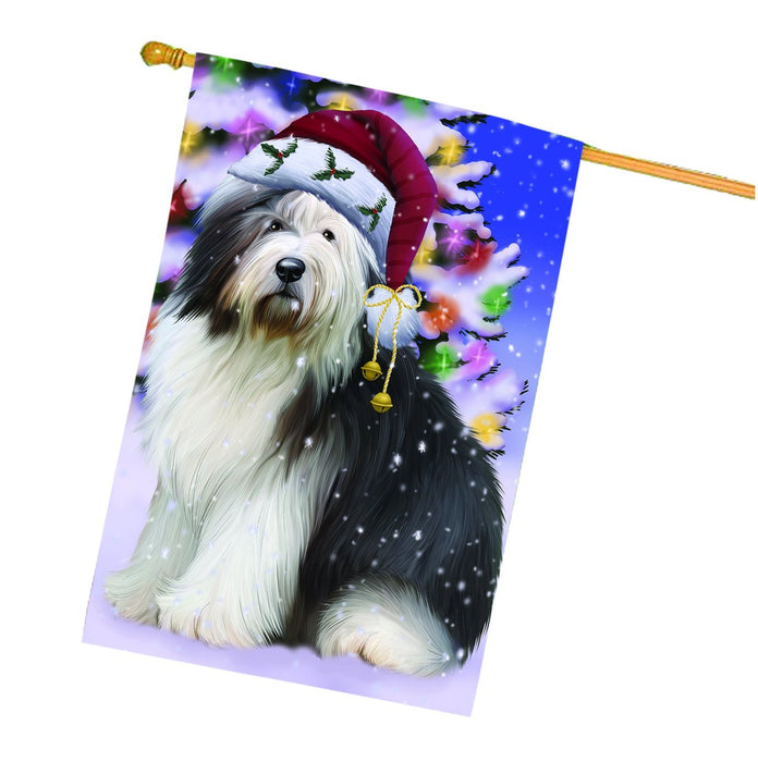 Winterland Wonderland Old English Sheepdog Dog In Christmas Holiday Scenic Background House Flag