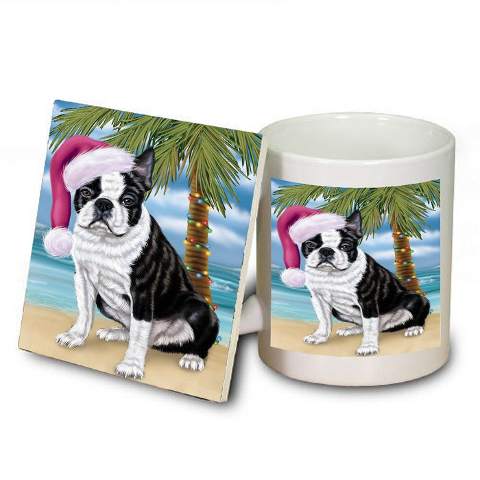 Summertime Happy Holidays Christmas Boston Terriers Dog on Tropical Island Beach Mug and Coaster Set