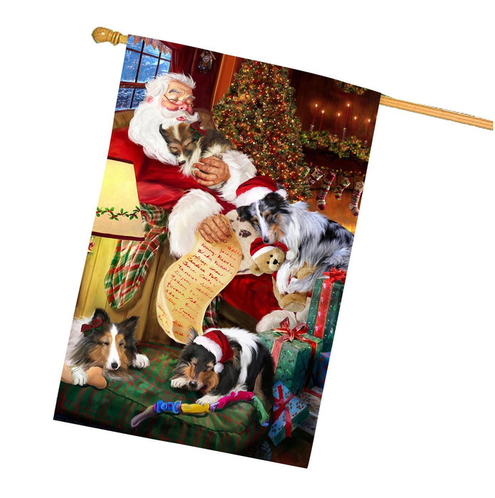 Sheltie Dog and Puppies Sleeping with Santa House Flag