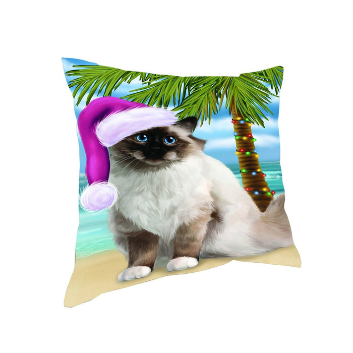 Summertime Happy Holidays Christmas Birman Cat on Tropical Island Beach Throw Pillow