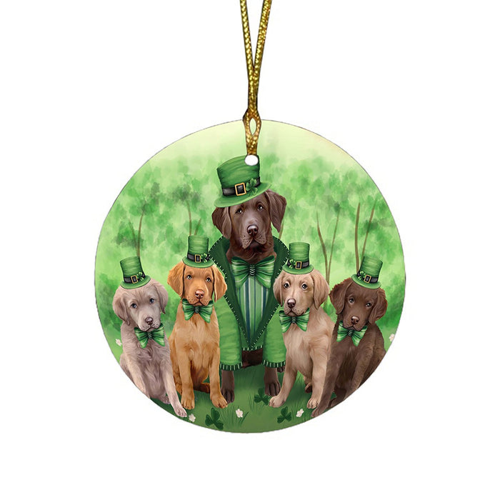 St. Patricks Day Irish Family Portrait Chesapeake Bay Retrievers Dog Round Christmas Ornament RFPOR48761