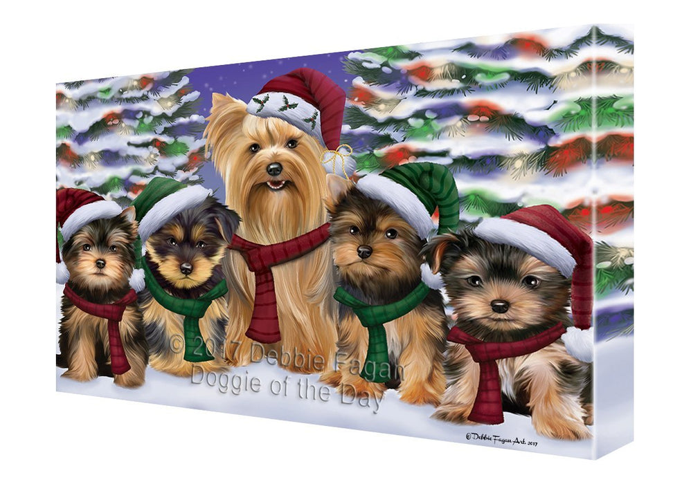 Yorkshire Terriers Dog Christmas Family Portrait in Holiday Scenic Background Canvas Wall Art