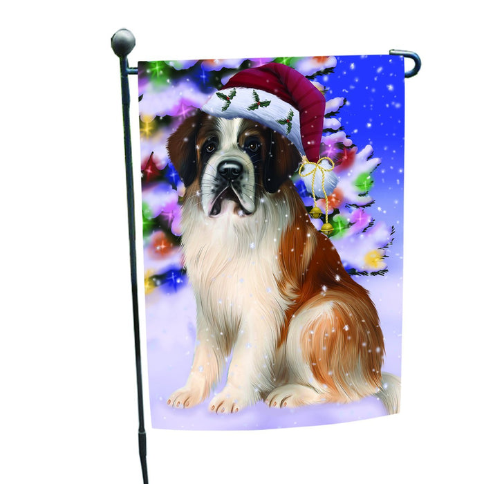 Winterland Wonderland Saint Bernard Dog In Christmas Holiday Scenic Background Garden Flag