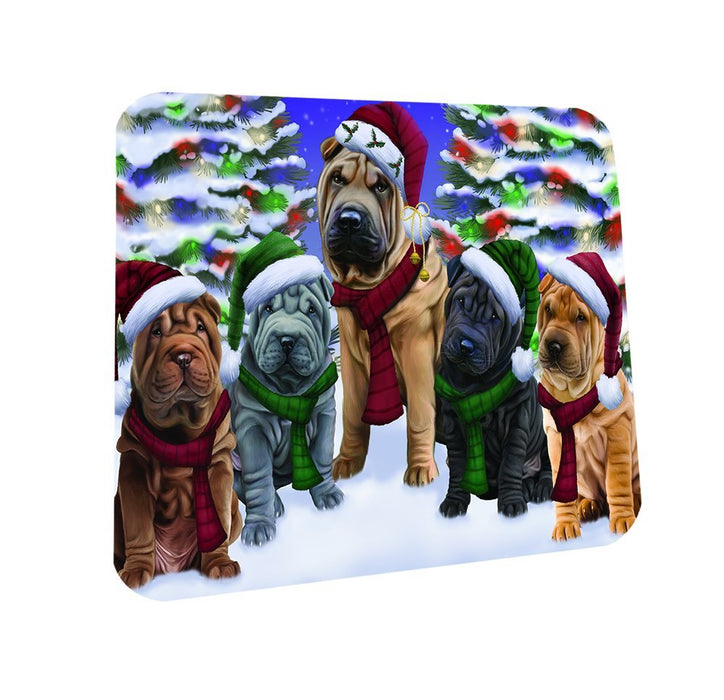 Shar Pei Dog Christmas Family Portrait in Holiday Scenic Background Coasters Set of 4