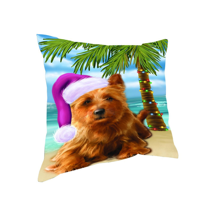 Summertime Happy Holidays Christmas Australian Terriers Dog on Tropical Island Beach Throw Pillow