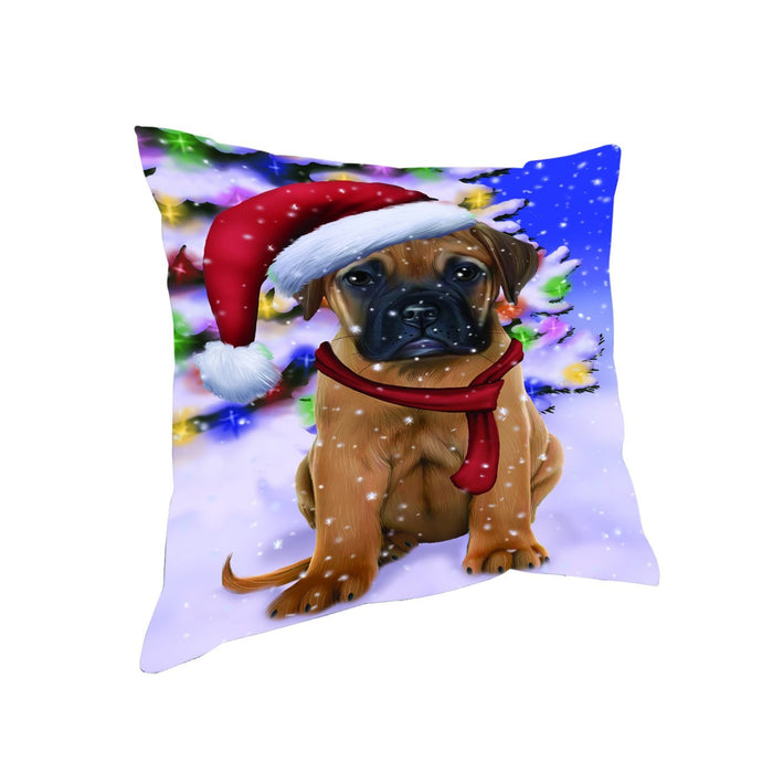 Winterland Wonderland Bullmastiff Dog In Christmas Holiday Scenic Background Throw Pillow