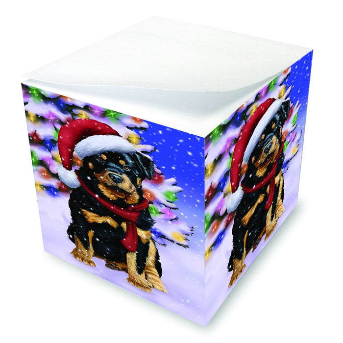 Winterland Wonderland Rottweiler Dog In Christmas Holiday Scenic Background Note Cube D675