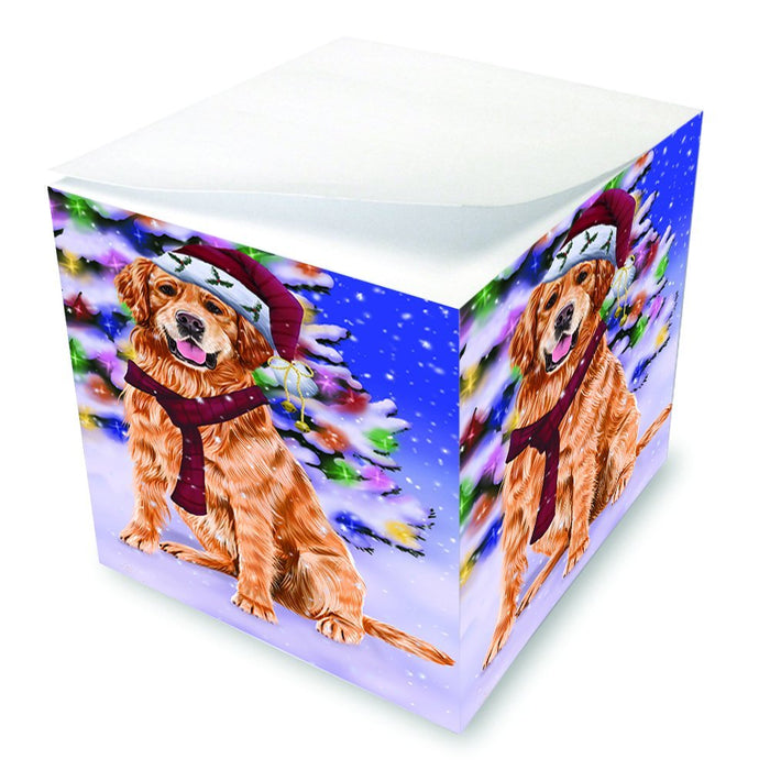 Winterland Wonderland Golden Retrievers Dog In Christmas Holiday Scenic Background Note Cube D661