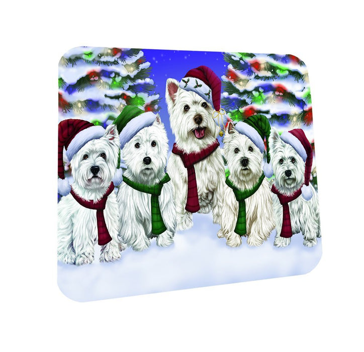 West Highland Terriers Dog Christmas Family Portrait in Holiday Scenic Background Coasters Set of 4