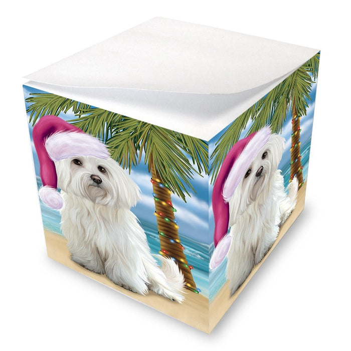 Summertime Happy Holidays Christmas Maltese Dog on Tropical Island Beach Note Cube D549