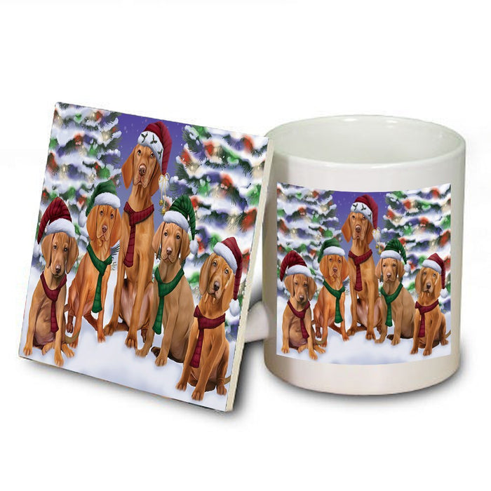 Vizsla Dog Christmas Family Portrait in Holiday Scenic Background Mug and Coaster Set