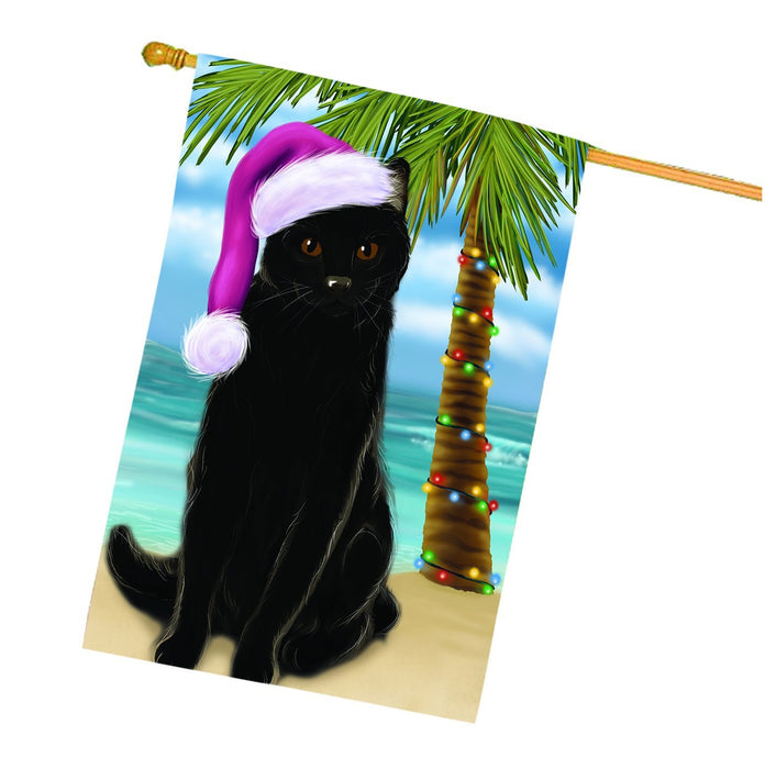 Summertime Happy Holidays Christmas Black Cat on Tropical Island Beach House Flag