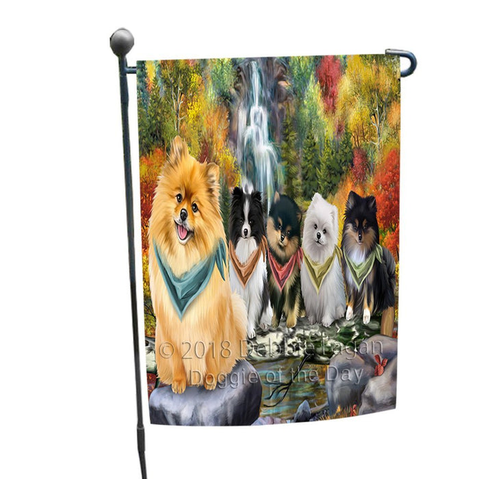 Scenic Waterfall Pomeranians Dog Garden Flag GFLG49299