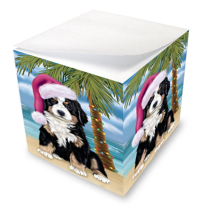 Summertime Happy Holidays Christmas Bernese Dog on Tropical Island Beach Note Cube D502