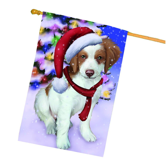 Winterland Wonderland Brittany Spaniel Dog In Christmas Holiday Scenic Background House Flag