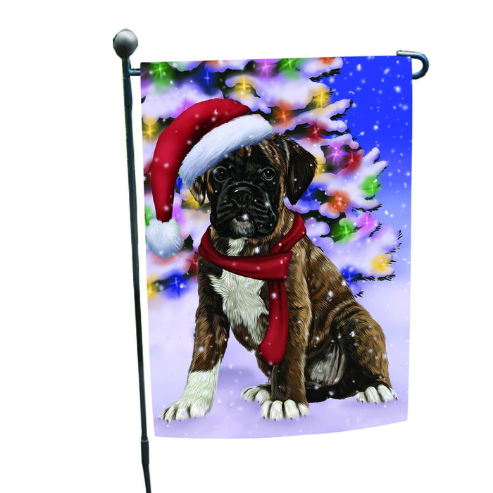 Winterland Wonderland Boxers Dog In Christmas Holiday Scenic Background Garden Flag