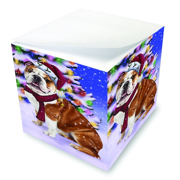 Winterland Wonderland Bulldogs Dog In Christmas Holiday Scenic Background Note Cube D651