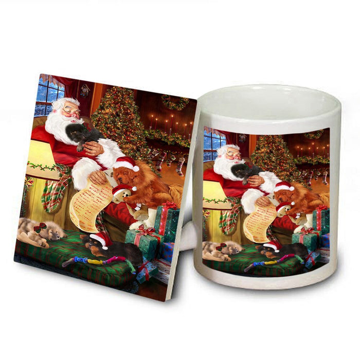 Tibetan Mastiff Dog and Puppies Sleeping with Santa Mug and Coaster Set
