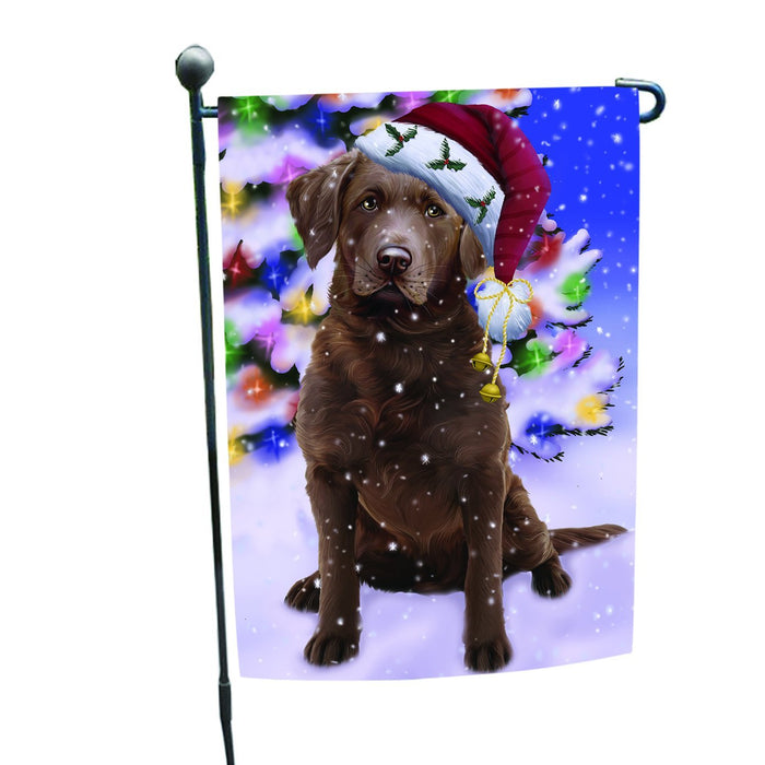 Winterland Wonderland Chesapeake Bay Retriever Dog In Christmas Holiday Scenic Background Garden Flag