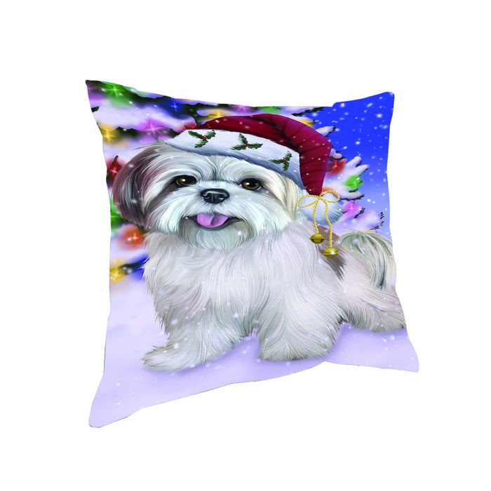 Winterland Wonderland Lhasa Apso Dog In Christmas Holiday Scenic Background Throw Pillow