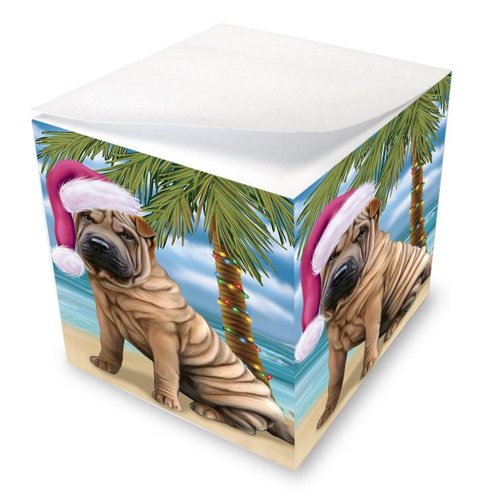 Summertime Happy Holidays Christmas Shar Pei Dog on Tropical Island Beach Note Cube D565