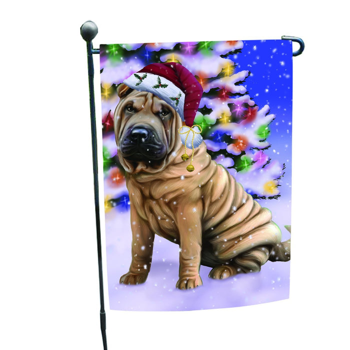 Winterland Wonderland Shar Pei Dog In Christmas Holiday Scenic Background Garden Flag