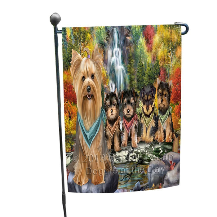 Scenic Waterfall Yorkshire Terriers Dog Garden Flag GFLG49359