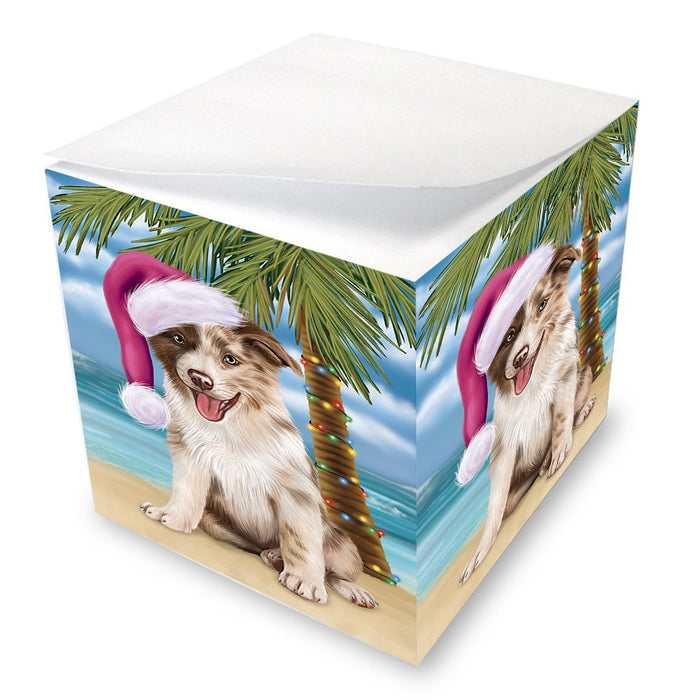 Summertime Happy Holidays Christmas Border Collie Dog on Tropical Island Beach Note Cube D508