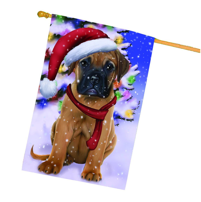 Winterland Wonderland Bullmastiff Dog In Christmas Holiday Scenic Background House Flag