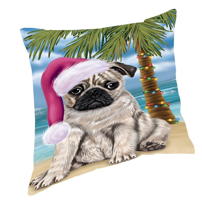 Summertime Happy Holidays Christmas Pugs Dog on Tropical Island Beach Throw Pillow