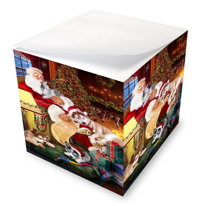 Siberian Husky Dog and Puppies Sleeping with Santa Note Cube