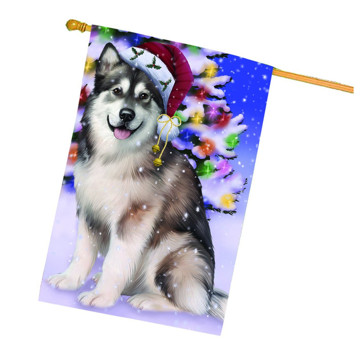 Winterland Wonderland Alaskan Malamute Dog In Christmas Holiday Scenic Background House Flag