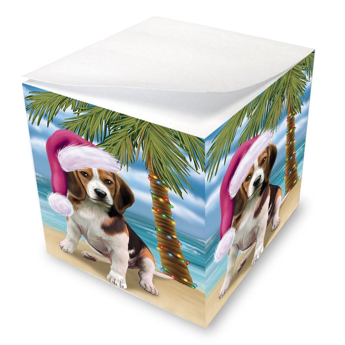 Summertime Happy Holidays Christmas Beagles Dog on Tropical Island Beach Note Cube D496