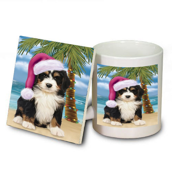 Summertime Happy Holidays Christmas Bernedoodle Dog on Tropical Island Beach Mug and Coaster Set