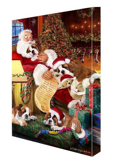 Saint Bernard Dog and Puppies Sleeping with Santa Painting Printed on Canvas Wall Art