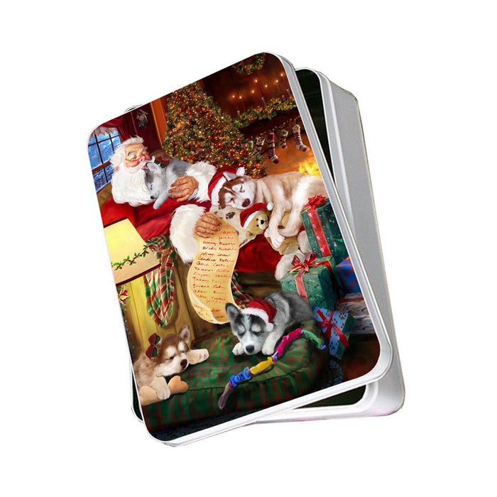 Siberian Husky Dog and Puppies Sleeping with Santa Photo Storage Tin