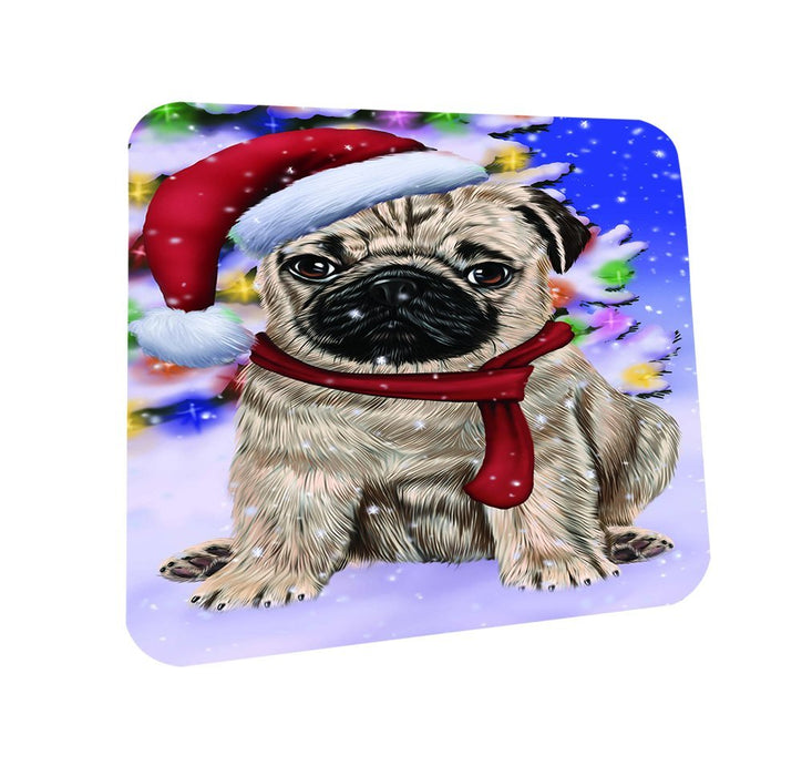 Winterland Wonderland Pug Dog In Christmas Holiday Scenic Background Coasters Set of 4