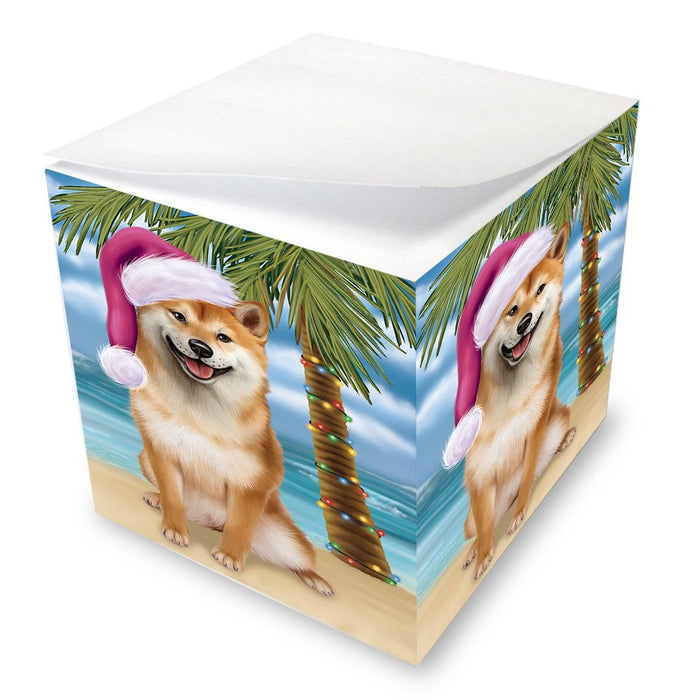 Summertime Happy Holidays Christmas Shiba Inu Dog on Tropical Island Beach Note Cube D569